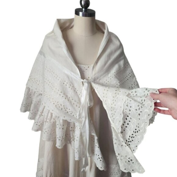 JOSEFA 70's Boho Bridal Eyelet Ruffle Folk Style Prairie dress with shawl/cape - Picture 3 of 16
